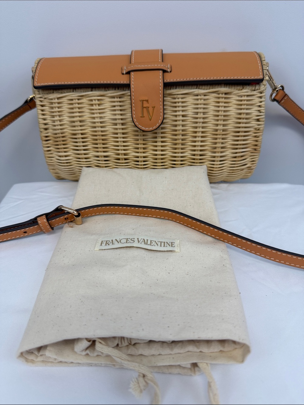 Frances Valentine Betsy Tan Leather Wicker Basket Crossbody Clutch Bag